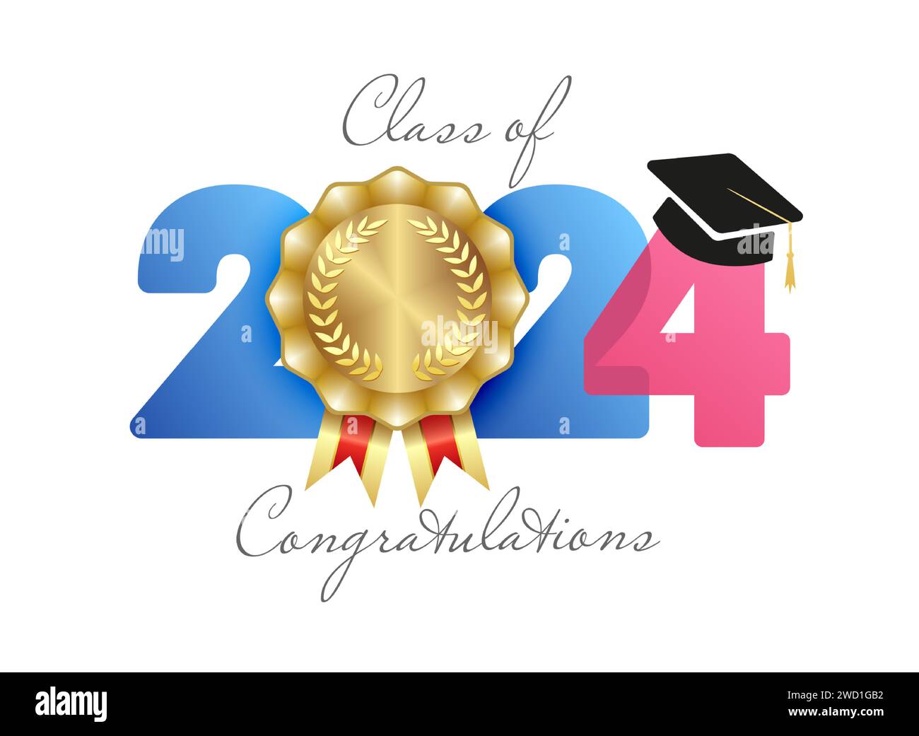 Class of 2024 congrats graphic banner. Educational symbol. Congratulations graduates number icon with golden medal. Gold rosette design. Creative sign Stock Vector