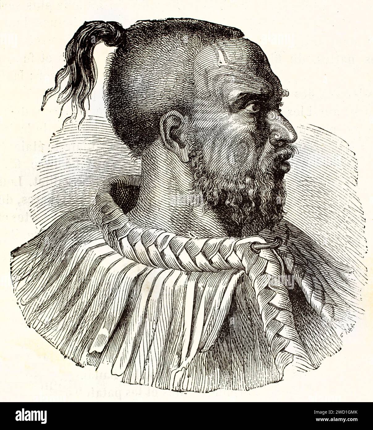 Old engraved illustration of a Maoti chief, New-Zealand. By unknown author, published on Brehm, Les Mammifers, Baillière et fils, Paris, 1878 Stock Photo
