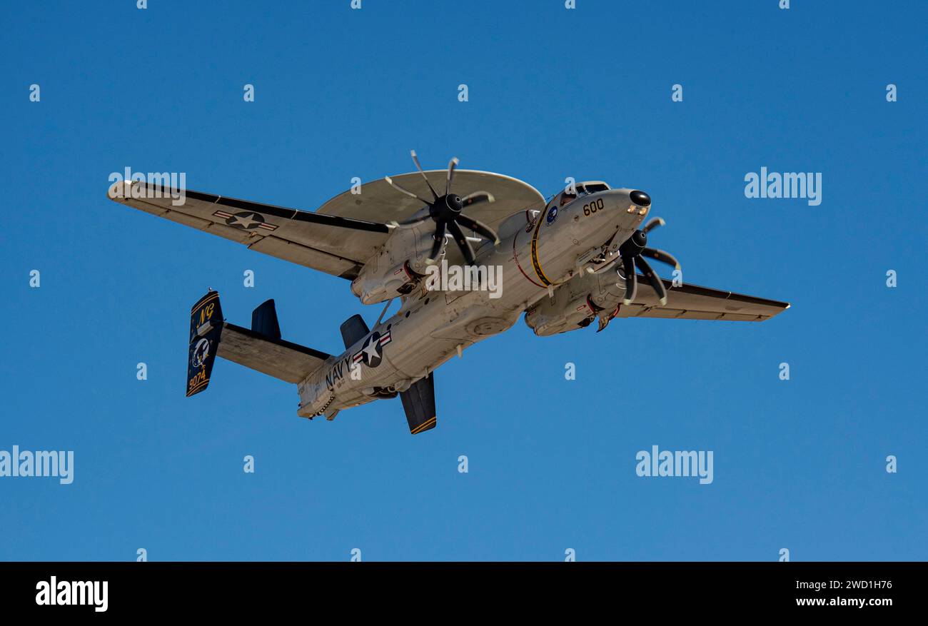 A U.S. Navy E-2D Advanced Hawkeye aircraft taking off. Stock Photo