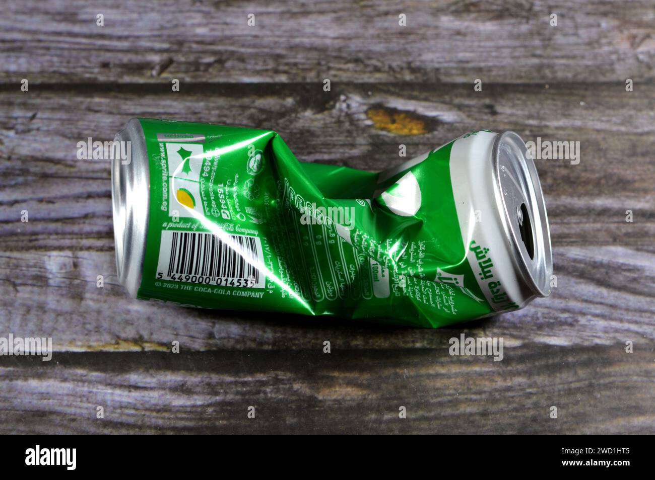 Cairo, Egypt, January 15 2024 Crushed dented lemonlime soda Sprite