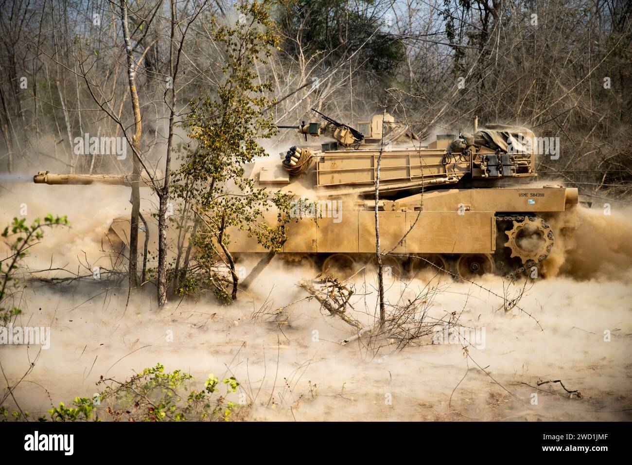 U.S. Marines fire an M1A1 Abrams tank during exercise Cobra Gold 19. Stock Photo