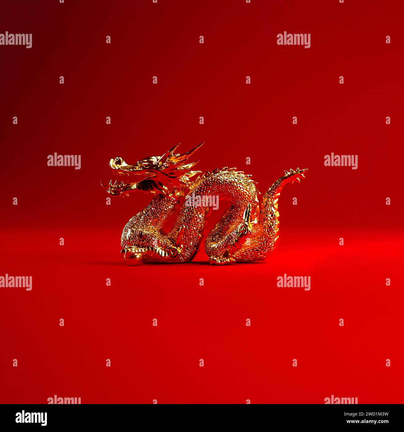 Gold dragon isolated on red background, Chinese new year 2024 Year of the dragon concept. Stock Photo