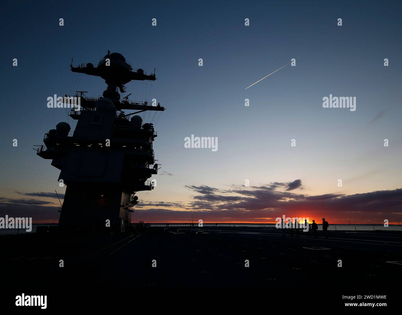 Pre-Commissioning Unit aircraft carrier Gerald R. Ford at sunset in Newport News, Virginia. Stock Photo