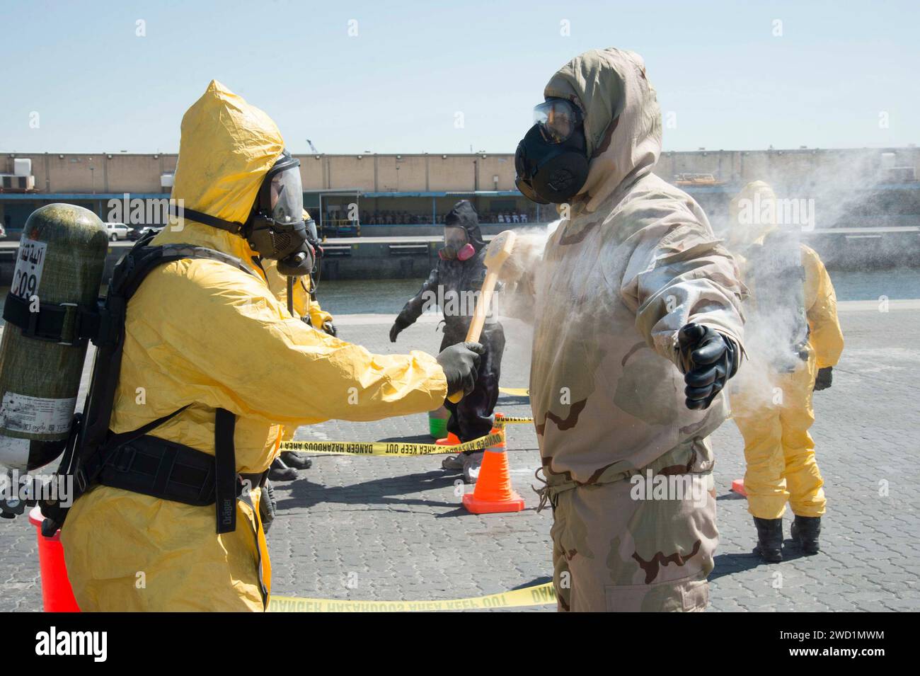 Emergency responders conduct a joint chemical, biological, radiological and nuclear defense detection. Stock Photo