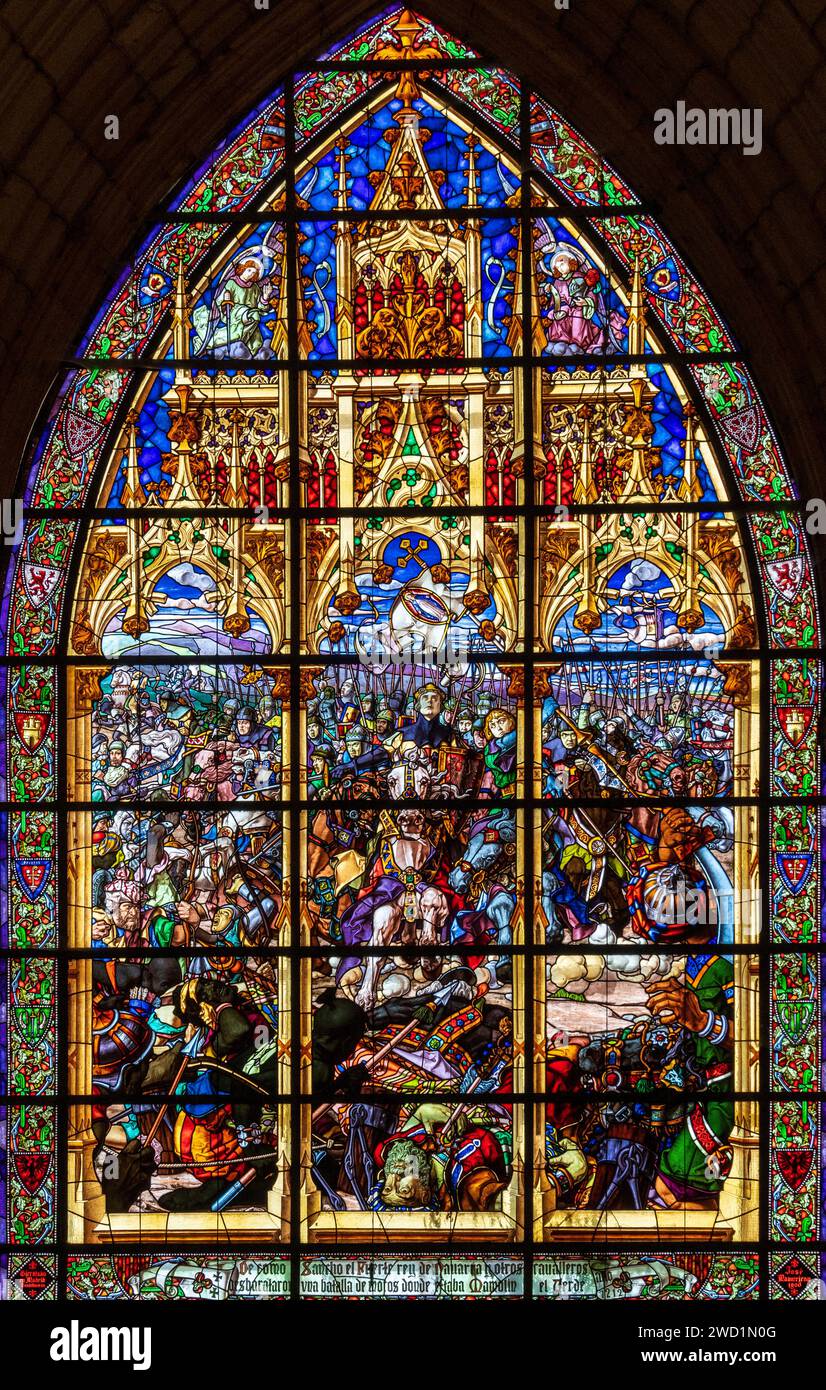 stained glass representing the battle of Las Navas de Tolosa (1212), chapter house, Roncesvalles, Royal Collegiate Church of Santa María de Roncesvall Stock Photo