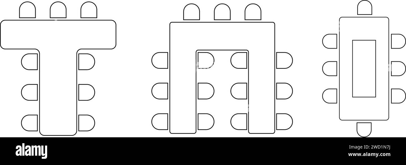 Seats arrangement on banquet or wedding event in restaurant or cafe. Business office or cabinet seating interior plan. Top view. Schematic tables and Stock Vector