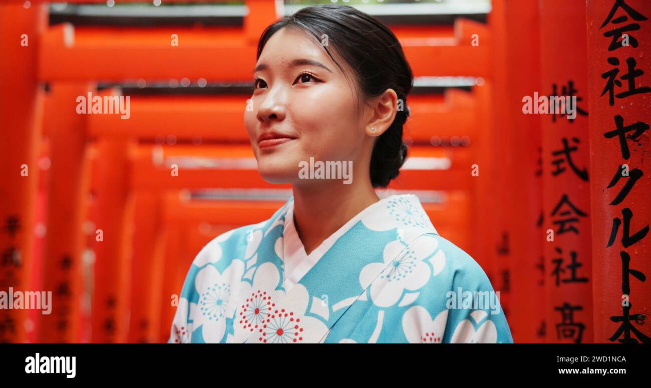 Thinking, temple and Japanese woman with adventure, choice and ...