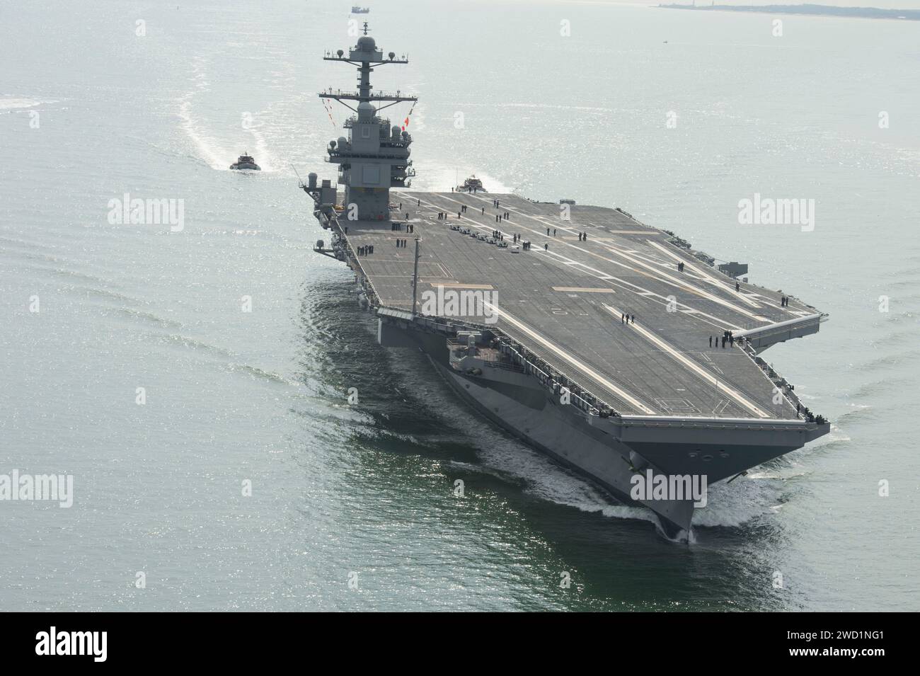 The future USS Gerald R. Ford arrives at Naval Station Norfolk, Virginia. Stock Photo