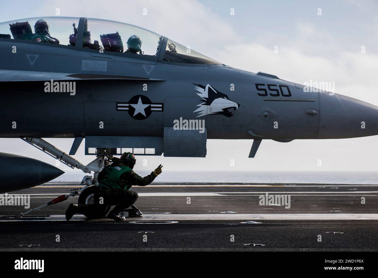 An EA-18G Growler prepares for launch from the aircraft carrier USS Theodore Roosevelt. Stock Photo