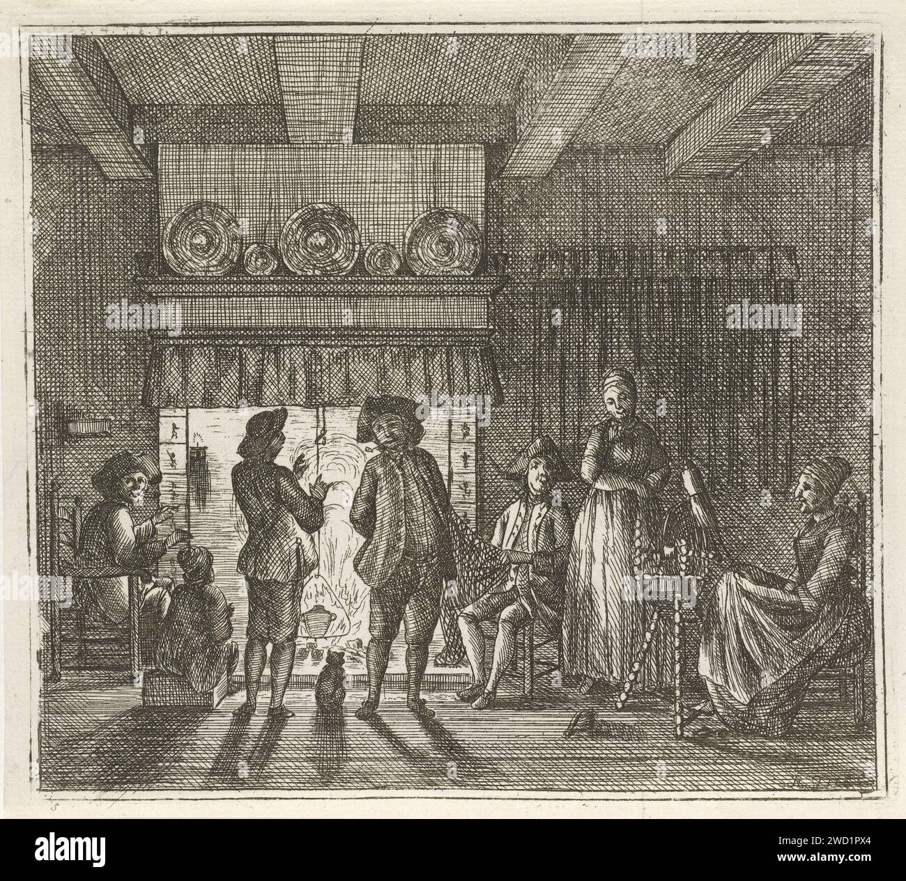 Interior with figures by fireplace, Rienk Jelgerhuis, 1765 print ...