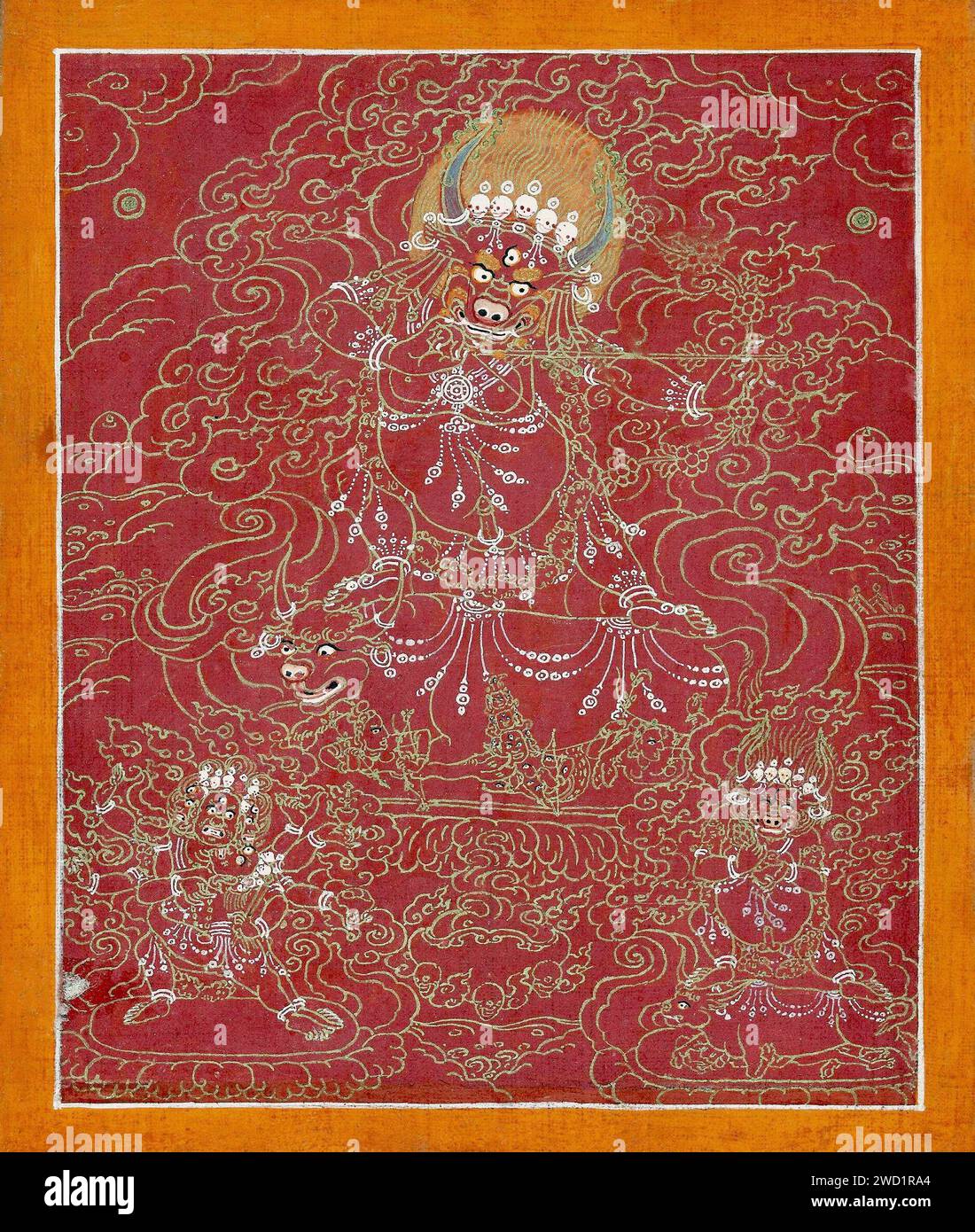 Mongolia: An ink and mineral print on canvas of Yama, the King of Hell, 19th century, Warsaw National Museum  In East Asian mythology, Yama is a dharmapala (wrathful god) and King of Hell. It is his duty to judge the dead and rule over the various hells and purgatories, presiding over the cycle of samsara (cyclic, circuitous change). Yama has spread from being a Hindu god to finding roles in Buddhism as well as in Chinese, Korean and Japanese mythology. Stock Photo