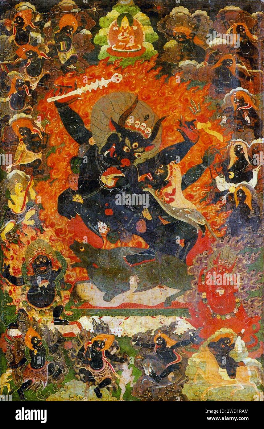 Tibet: Painting of Yama, the King of Hell, mid-17th century. Private Collection.  In East Asian mythology, Yama is a dharmapala (wrathful god) and King of Hell. It is his duty to judge the dead and rule over the various hells and purgatories, presiding over the cycle of samsara (cyclic, circuitous change). Yama has spread from being a Hindu god to finding roles in Buddhism as well as in Chinese, Korean and Japanese mythology. Stock Photo