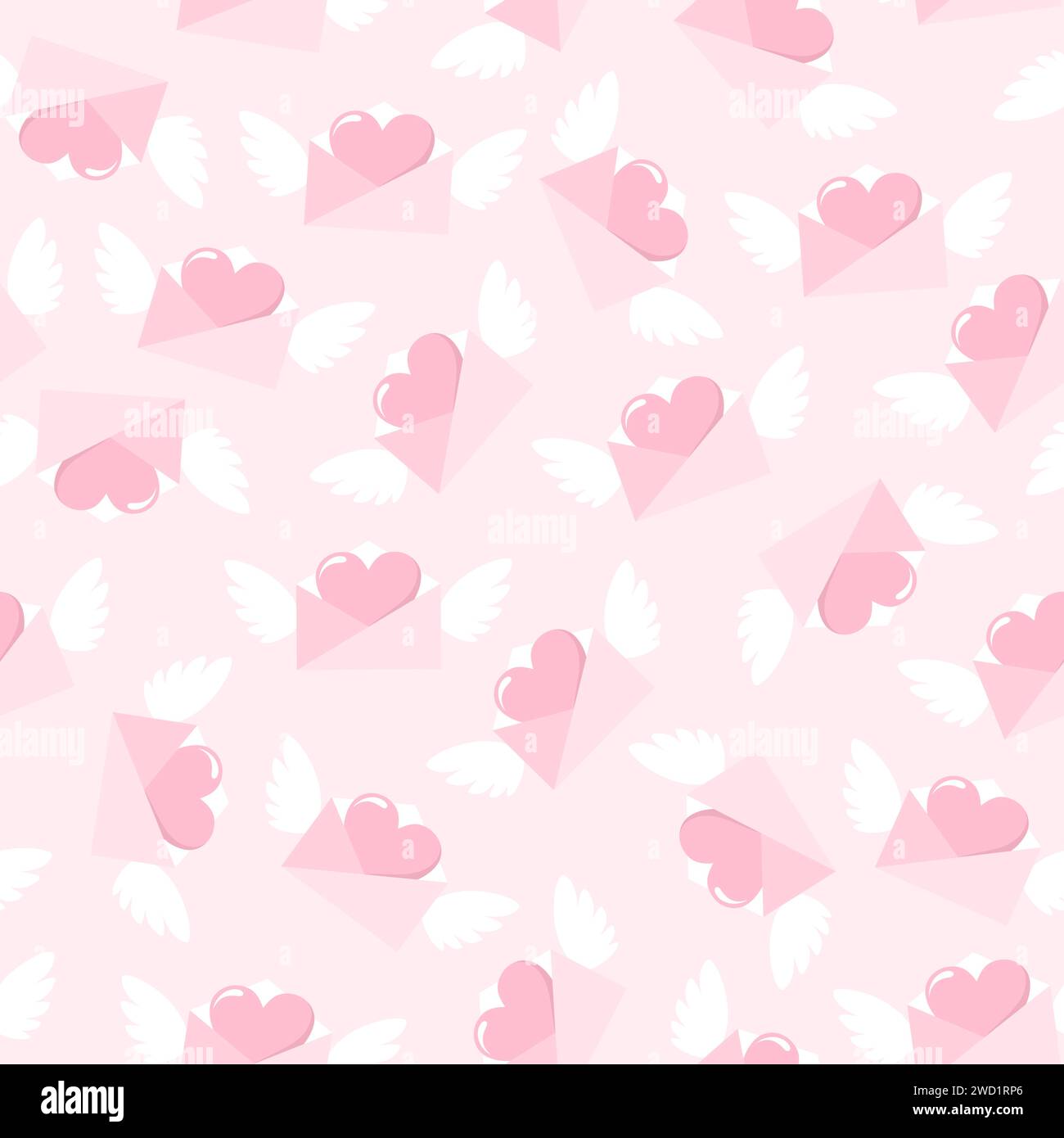 Winged envelopes with hearts inside, pastel pink seamless pattern. Flat ...