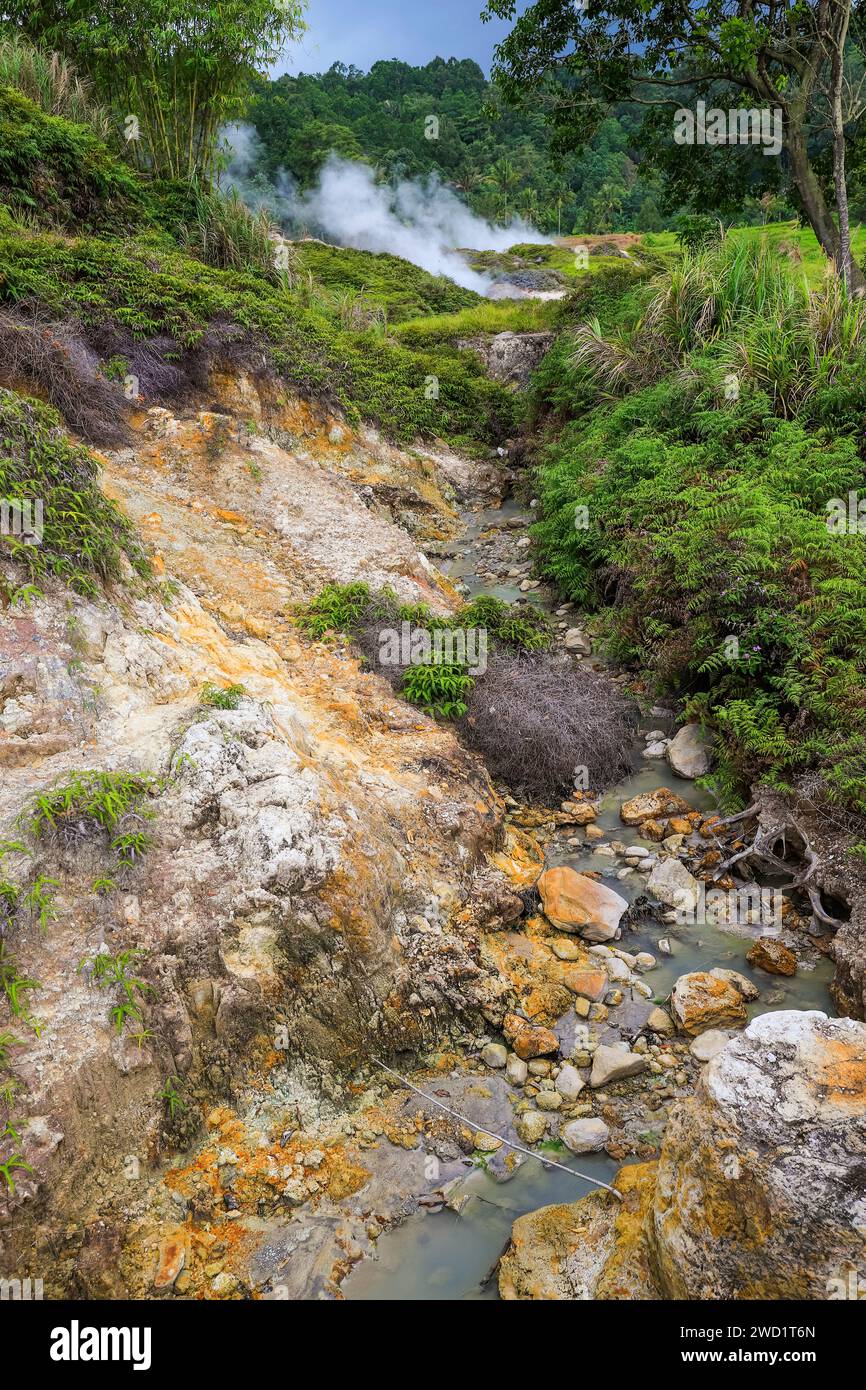 Hot water stream flows from steaming fumaroles by Lake Linow, a volcanic sight south of Tomohon city. Lake Linow, Tomohon, North Sulawesi, Indonesia Stock Photo
