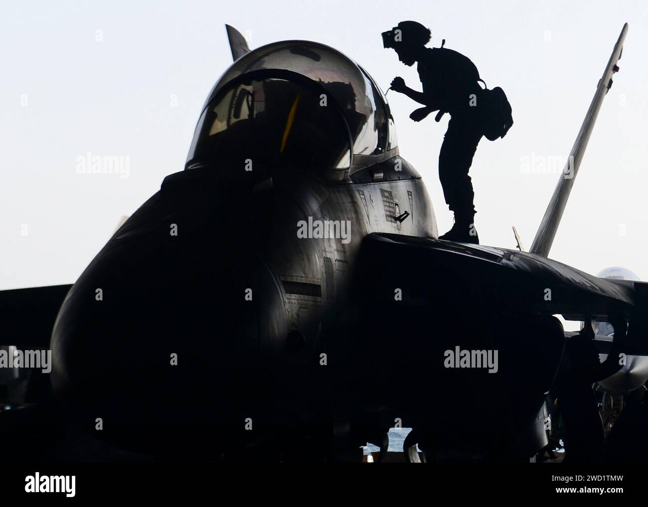 ) A Sailor maintains the structural integrity of an EA-18G Growler aboard USS Nimitz. Stock Photo