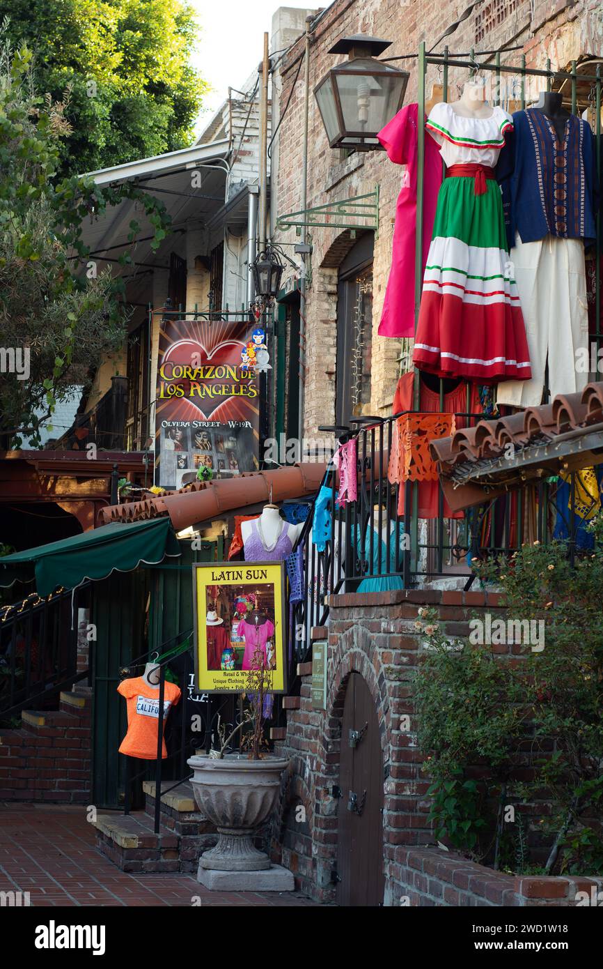 The vibrant clothes in the market on Olvera Street in Los Angeles