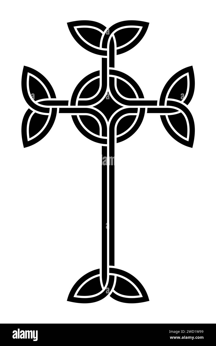Interlaced Celtic cross. Form of a Latin cross, with triangular knots at its ends, intertwined with a circle in the center. Symbol and sign. Stock Photo