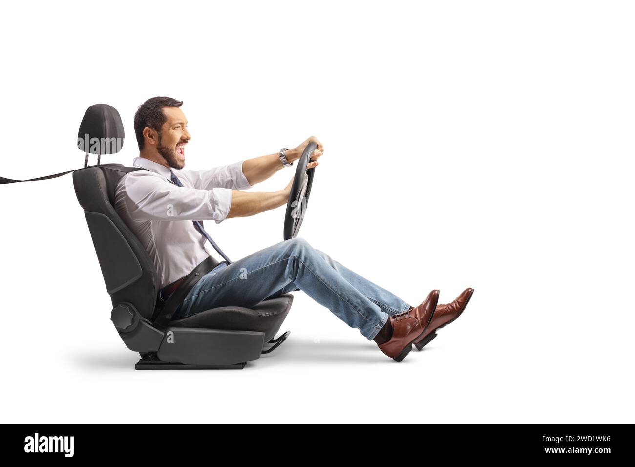 Angry driver honking a car horn isolated on white background Stock