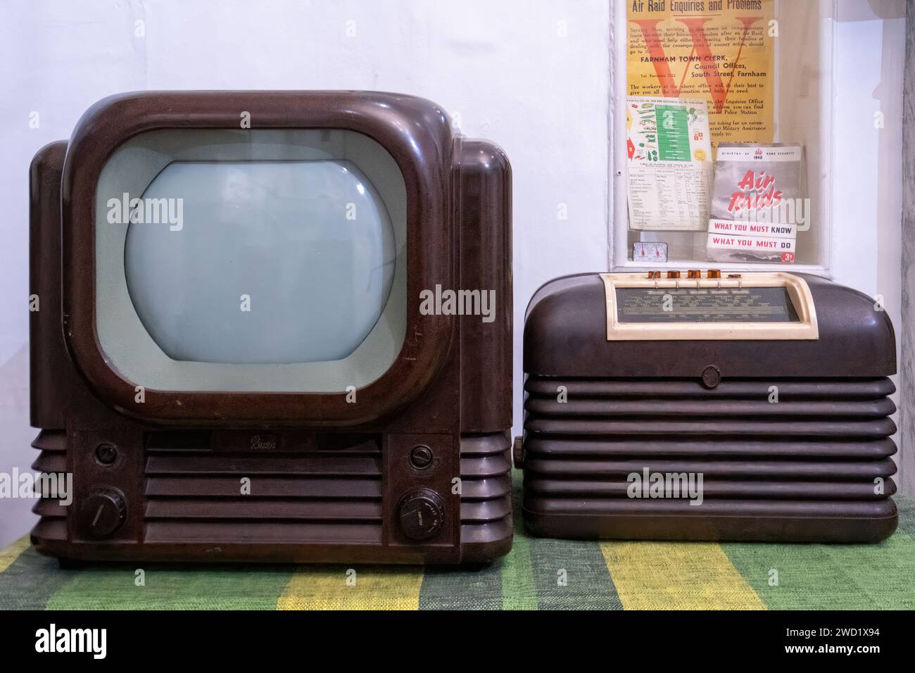 A 1950s television set and wireless radio, retro vintage exhibits in a museum, England, UK Stock Photo