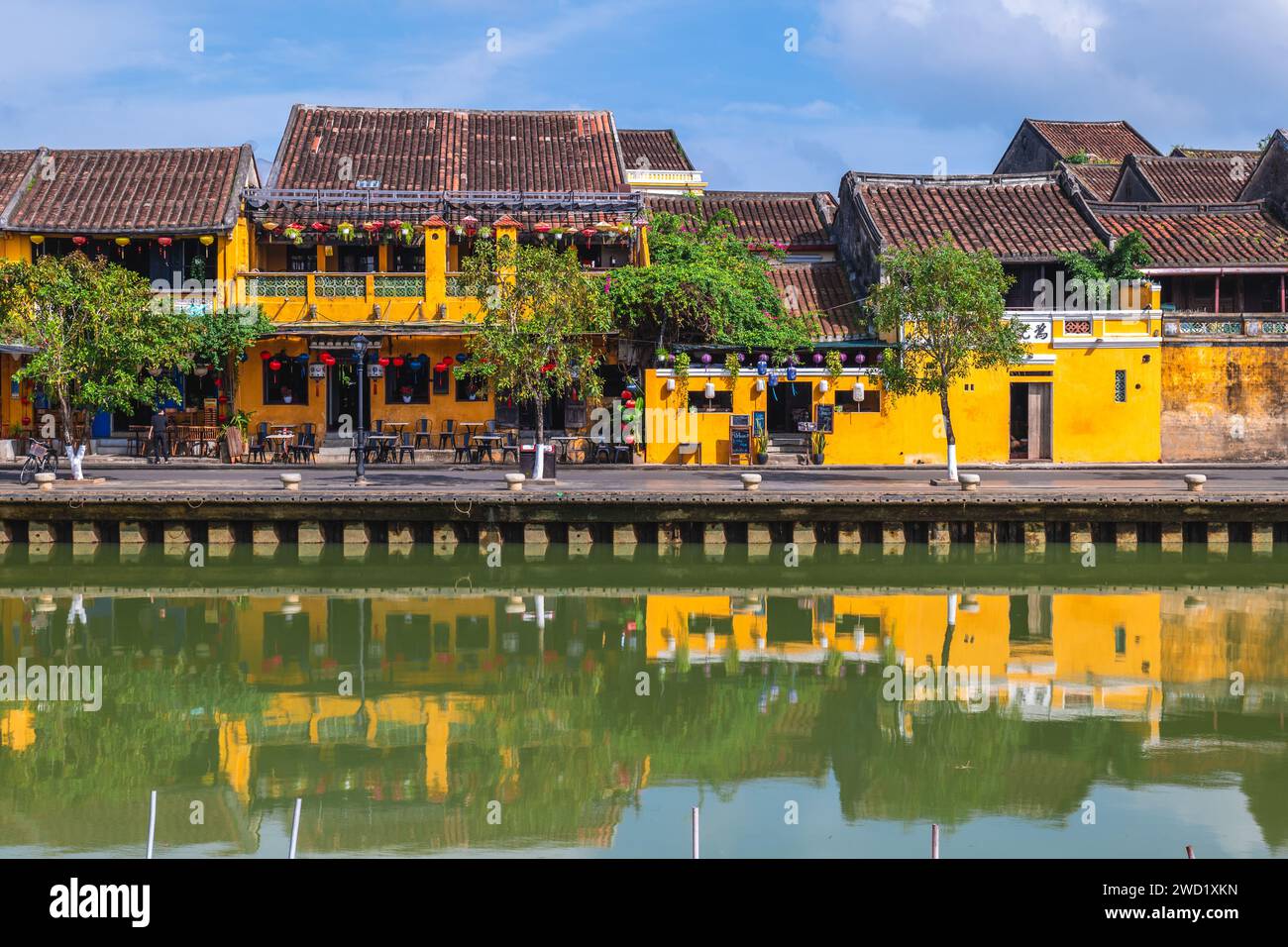 Scenery of the riverbank of Hoi An ancient town, an unesco heritage site in Vietnam Stock Photo