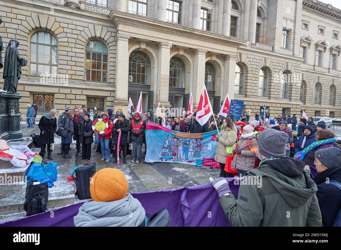 Berlin, Germany. 18th Jan, 2024. Employees of the Jewish Hospital Berlin (JKB) take part in a demonstration in front of the House of Representatives. Since last week, JKB employees have been on indefinite strike for more staff. Credit: Jörg Carstensen/dpa/Alamy Live News Stock Photo