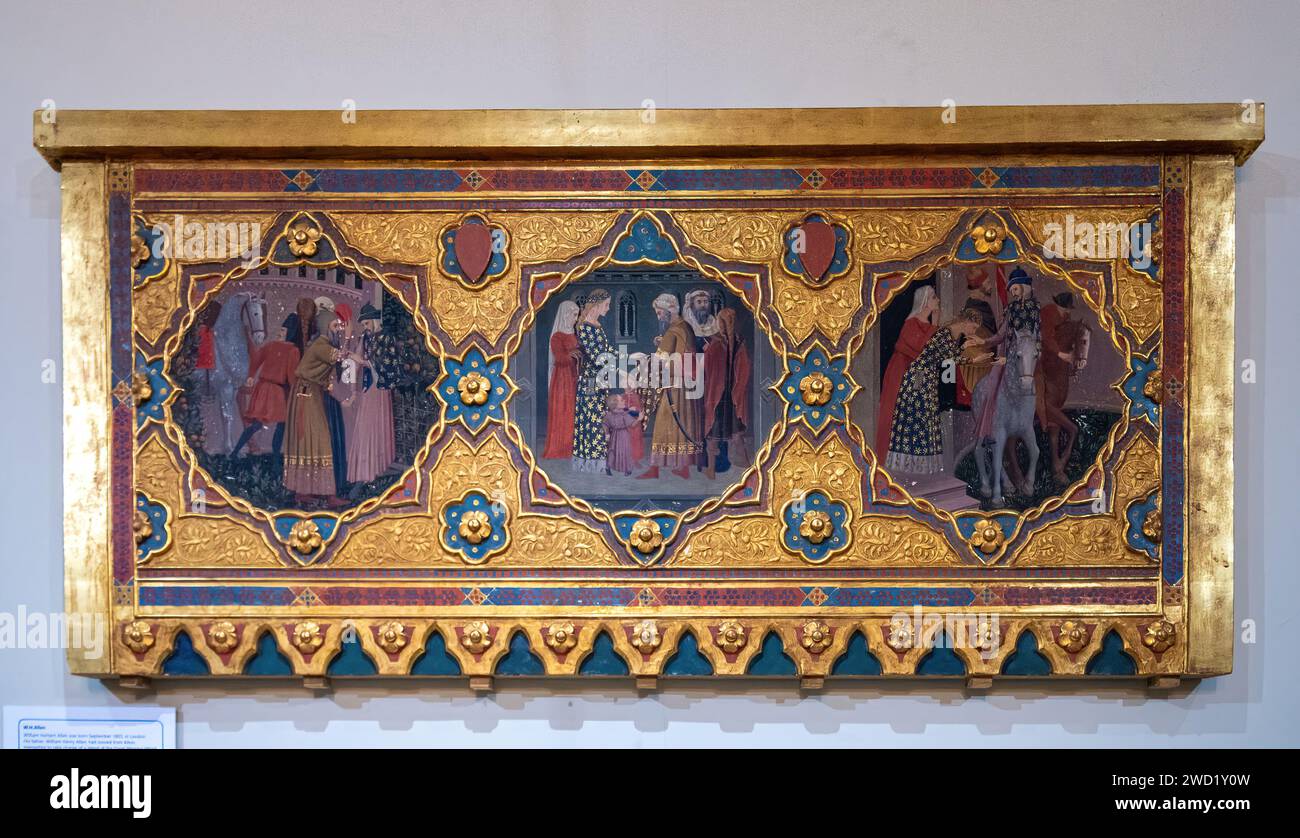 Panel for a cassone carved and painted by W. H. Allen on display at the Museum of Farnham, Farnham, Surrey, England, UK Stock Photo