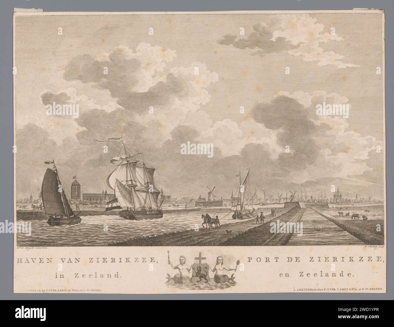 View of the port of Zierikzee, Mathias de Sallieth, after Dirk de Jong, 1779 - 1787 print View of the port of Zierikzee with different boats. Left in the background the Sint-Lievensmonsterkerk. In the margin the title in Dutch and French with the coat of arms of the city in the middle. Numbered at the top right: 20. After Drawing by: ZierikzeePublisher: Amsterdampublisher: Amsterdampublisher: Amsterdam paper etching / engraving harbour. coat of arms (as symbol of the state, etc.) (+ city; municipal). sailing-ship, sailing-boat. church (exterior) Zierikzee. Sint-Lievensmonsterkerk Stock Photo