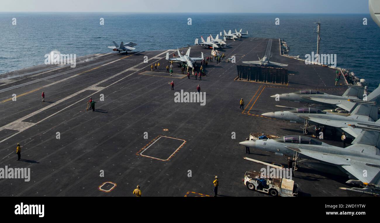 The aircraft carrier USS Nimitz conducting flight operations in the Arabian Sea. Stock Photo