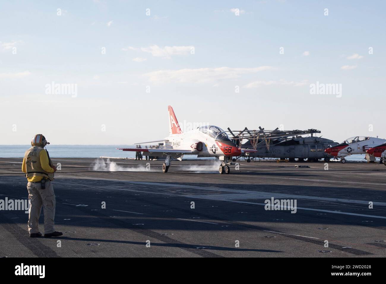 A T-45C Goshawk lands aboard the aircraft carrier USS Gerald R. Ford. Stock Photo