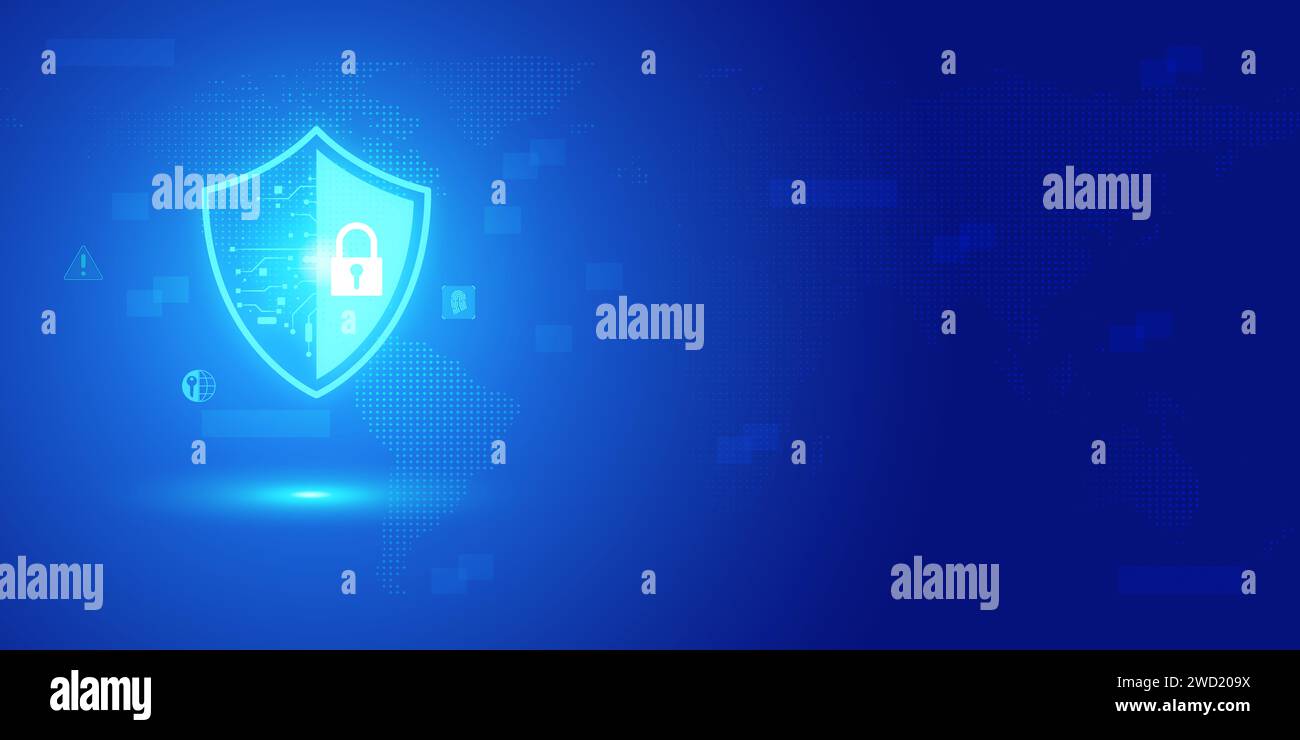 Futuristic blue shield ethics and Security abstract technology background. Artificial intelligence digital transformation and Business quantum interne Stock Photo
