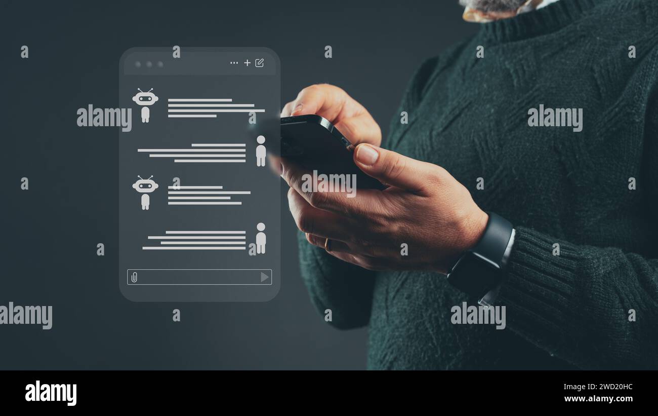 Adult male navigates a futuristic AI chatbot user interface ...