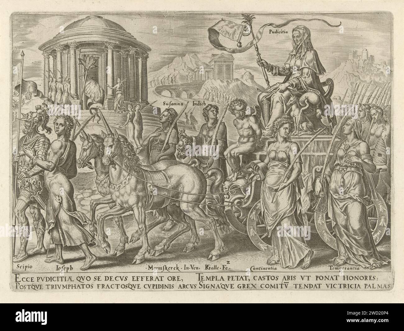 Triumph of the chastity, Philips Galle, After Maarten van Heemskerck, c. 1565 print The car of chastity (Pudicitia), a veiled woman, is drawn by unicorns, legendary chaste animals. Cupido is blindfolded and tied to her feet. In the procession, chaste figures from history, the Bible and classical mythology, for example the Roman general Scipio, Joseph, Suzanna and the honorable Judit, with the head of Holofernes in her hand. The virtues of self -control (continentia) and moderation (temperantia) are also present in the procession. The car drives towards the temple of chastity. The print has a L Stock Photo