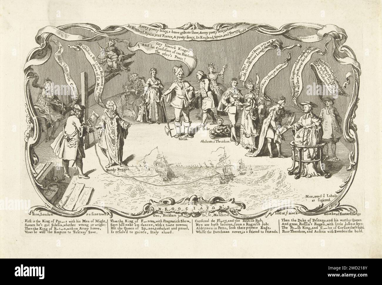 Cartoon on the mutual disputes between the European princes, 1741, George Bickham (II), 1741 print Cartoon on the mutual disputes between the European princes and the French Cardinal Fleury in the years 1740-1741. On the right the Cardinal in a roller wagon, at the sea at the bottom. With caption of four verses in English. London paper etching / letterpress printing political caricatures and satires Stock Photo