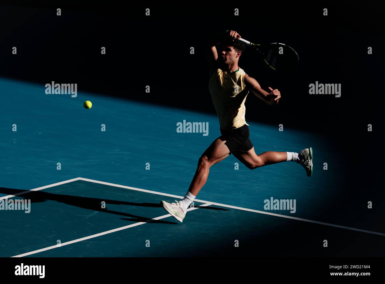 Melbourne, Australia, 18th Jan, 2024. Tennis player Carlos Alcaraz from Spain is in action during the 2024 Australian Open Tennis Grand Slam in Melbourne Park. Photo credit: Frank Molter/Alamy Live news Stock Photo