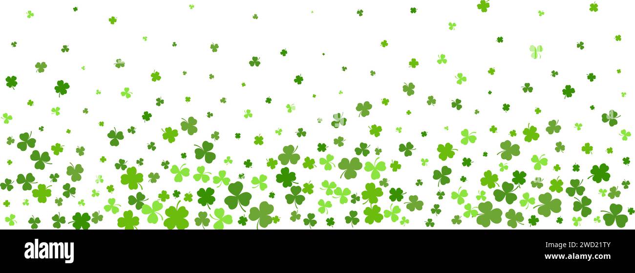 St. Patrick Day shamrock clover background. Seamless vector border with flying green leaves for posters banners and greeting cards. Stock Vector