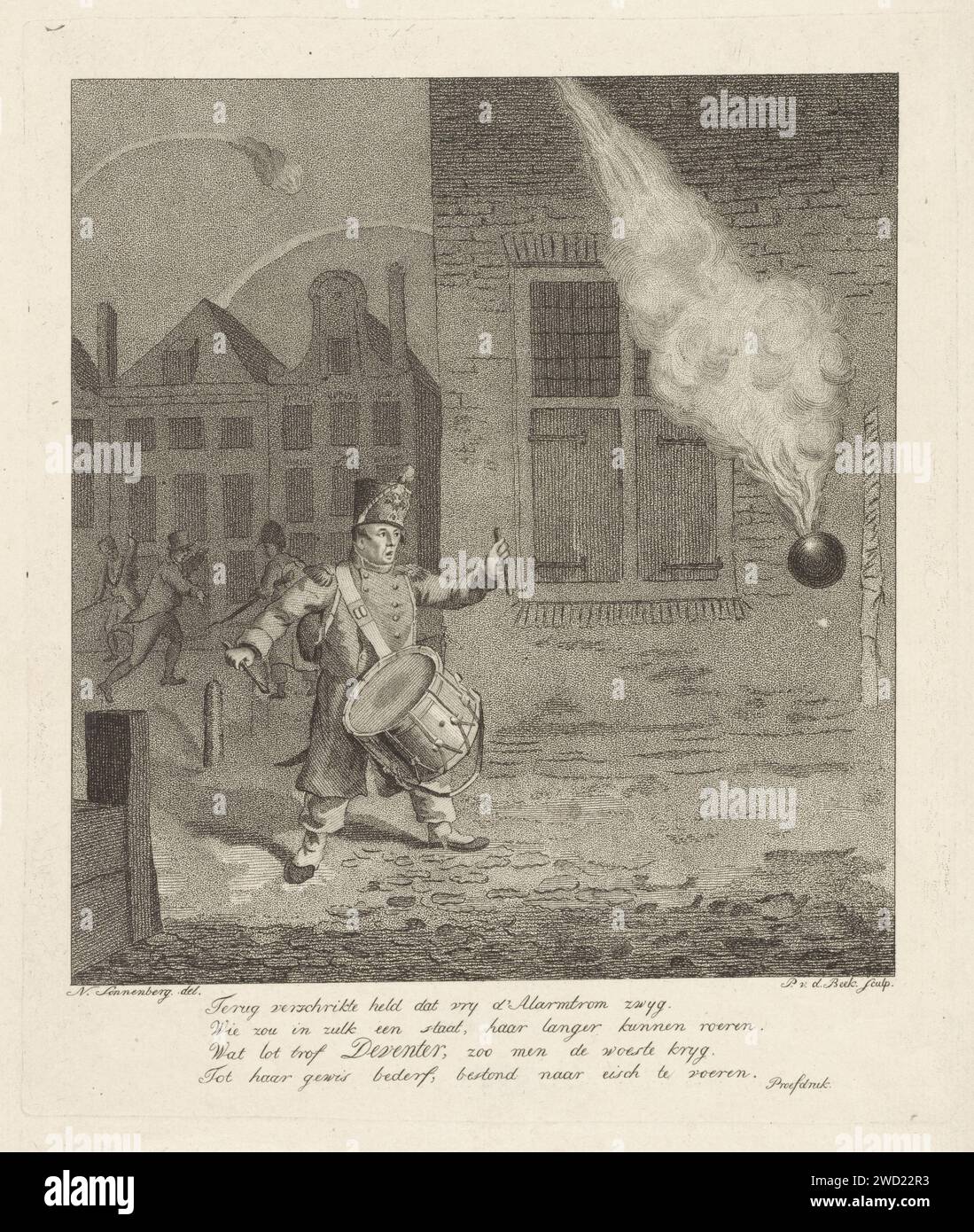 Soldier with drum is shocked by cannonball during siege of Deventer by the French in 1813, Pieter van der Beek, after Nicolaas Sonnenberg, 1813 - 1821 print Soldier walks through streets of Deventer at night and hits drums to alert residents for the attack by Fransen during siege of Deventer in 1813. A cannonball flies over the Brink. Under the show is a verse in four lines about the startled soldier.  paper etching French period Brink Stock Photo