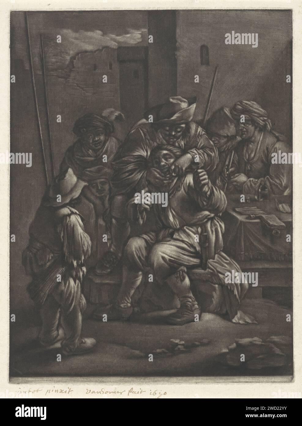 Dentist, Anonymous, After Jan van Somer, After Jan Both, 1665 - 1700 print For an inn, a quack (dentist) treats a man. The patient has bald his fists. A group of bystanders is around the spectacle.  paper  (barber as) dentist. quack extracting teeth or molars Stock Photo