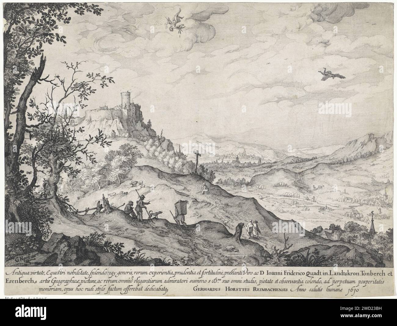 Landscape with the fall of Icarus, Claes Jansz. Visscher (II), After Gerard van der Horst, 1610 print In a wide hilly landscape, the shepherds and walkers do not notice how Icarus flies too close to the sun. His wings melt his wings through the heat. His father Daedalus flies under him and sees the accident happen. On a hill on the left a walled city with a castle. A river flows through the valley in which two fishermen have thrown their rod. Amsterdam paper etching / engraving death i.e. the fall of Icarus (Daedalus present) Stock Photo