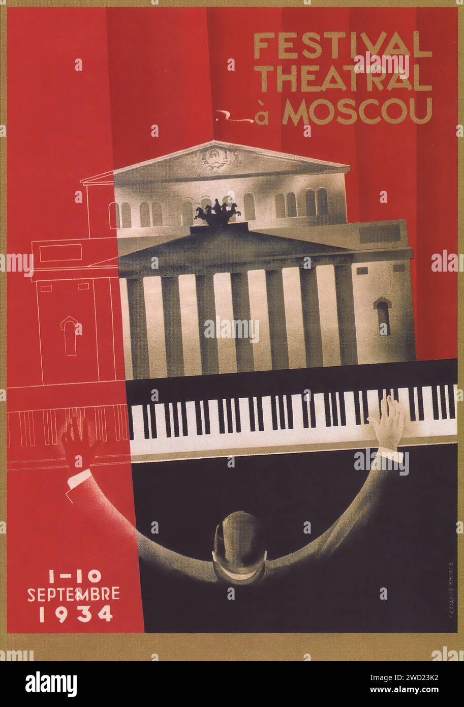 'FESTIVAL THEATRAL À MOSCOU' 'Theatrical festival in Moscow' The poster from 1934 promotes a theatrical festival in Moscow, featuring a monochromatic depiction of a building, possibly a theater, against a striking red background. The style is minimalist with a strong use of red and black, suggesting the dramatic arts. Stock Photo