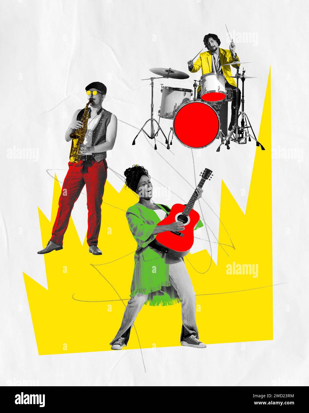 Promotional image for a multi-genre music festival with different musicians. Cover art for an album featuring a mix of jazz, rock, and acoustic tracks Stock Photo