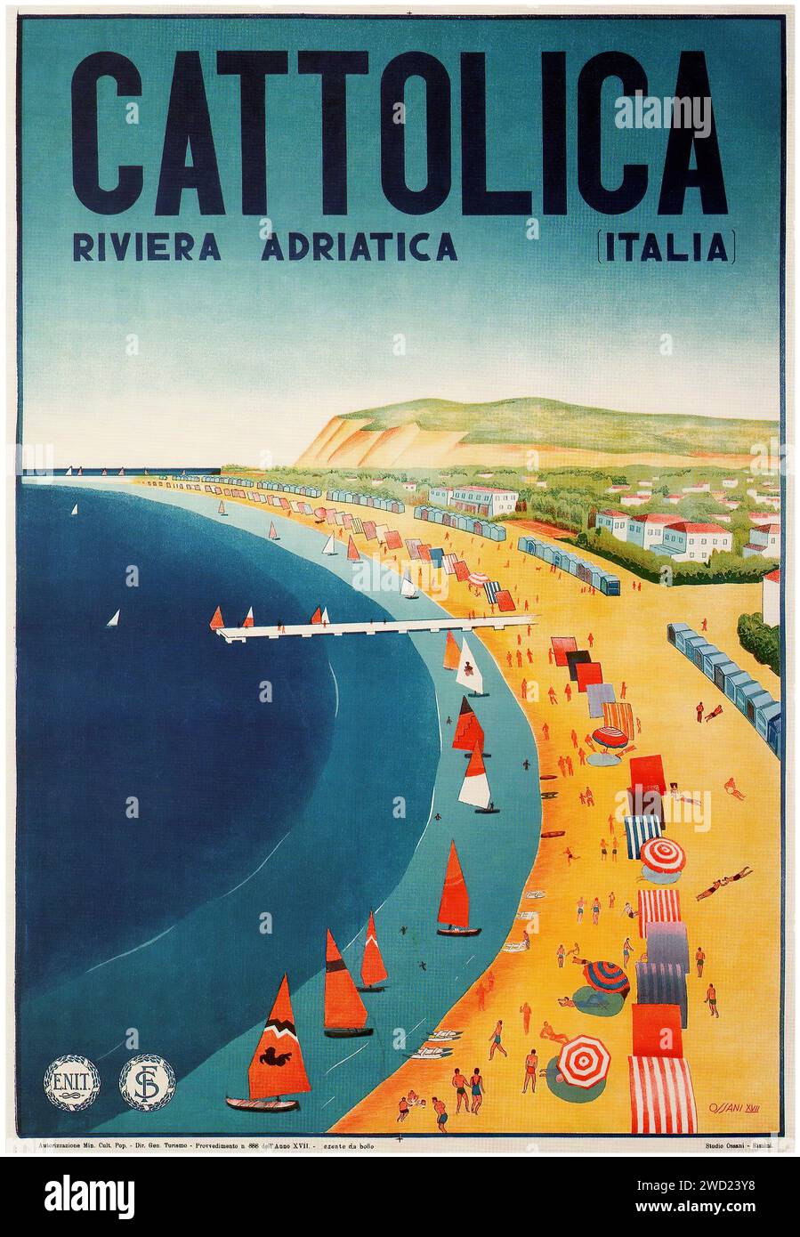 'CATTOLICA' 'RIVIERA ADRIATICA (ITALIA)' 'Ossani' 'CATTOLICA' 'ADRIATIC RIVIERA (ITALY)' 'Ossani' A vibrant poster depicting the beachfront of Cattolica on the Adriatic Riviera. The style is typical of the early 20th-century travel posters, with bright colors and a panoramic view inviting tourists to the seaside. Stock Photo