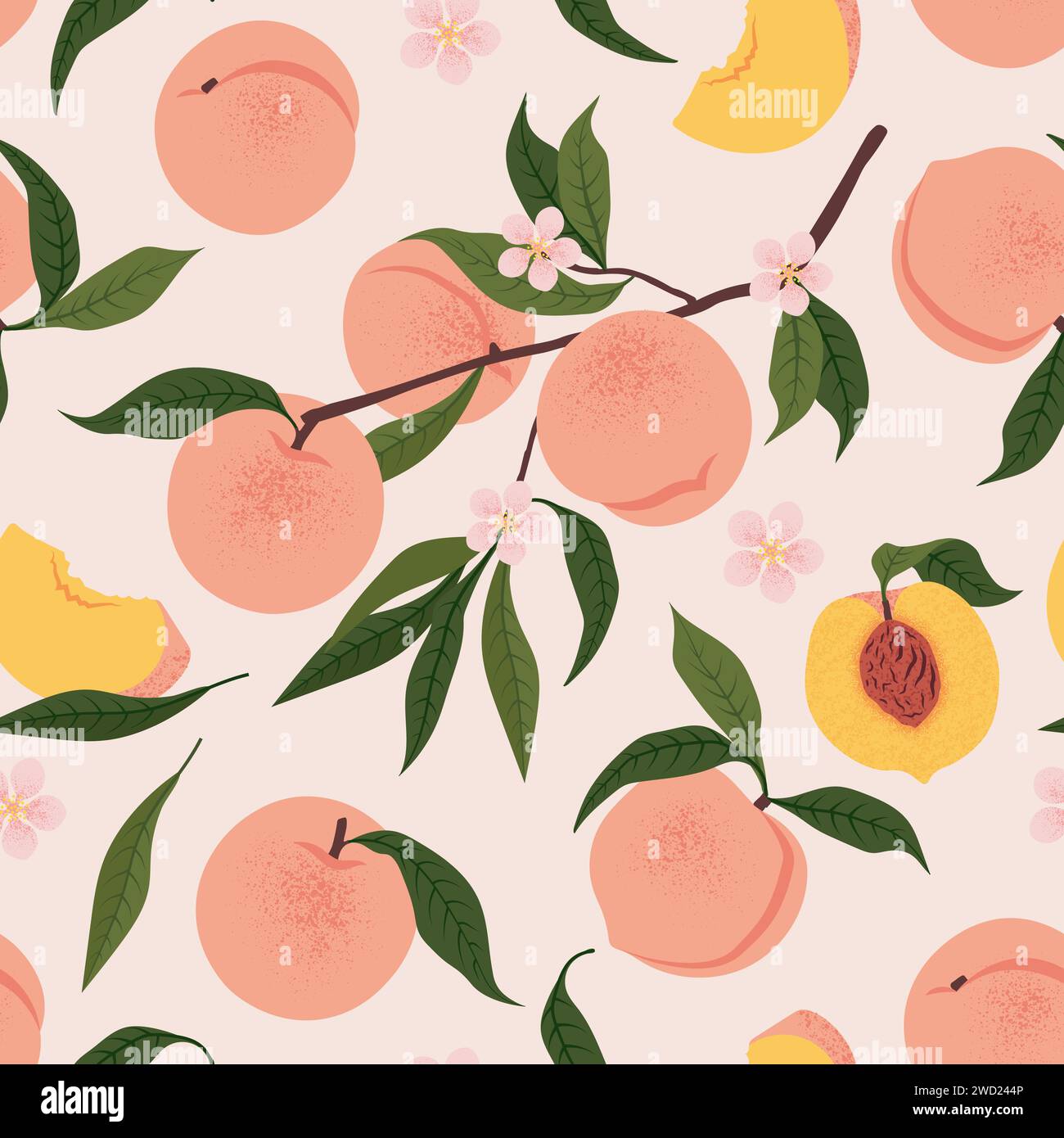Peach Pattern Designs Blooming Peach Branch and leaves seamless pattern. Vector illustration ...