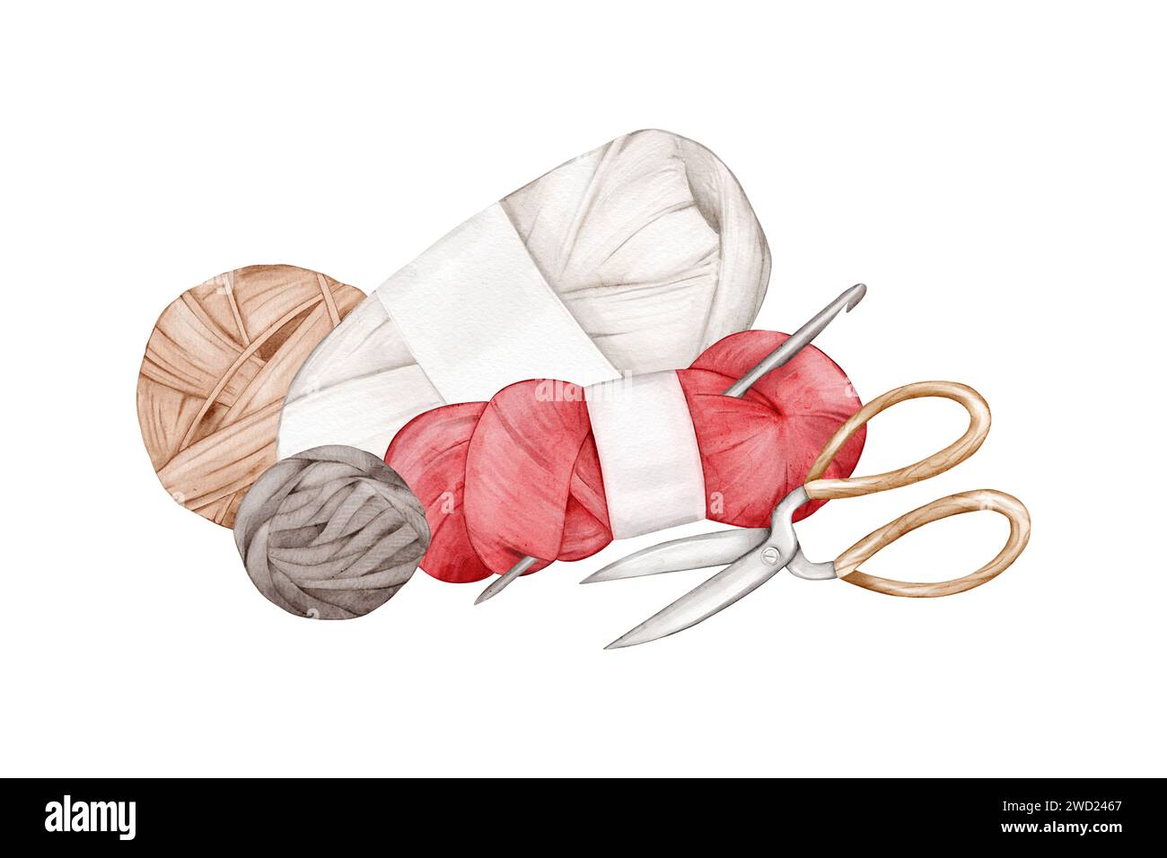 Grey and brown balls of wool, white and magenta skeins of yarn, knitting hook and scissors. Isolated watercolor illustration for knitting blogs, needl Stock Photo