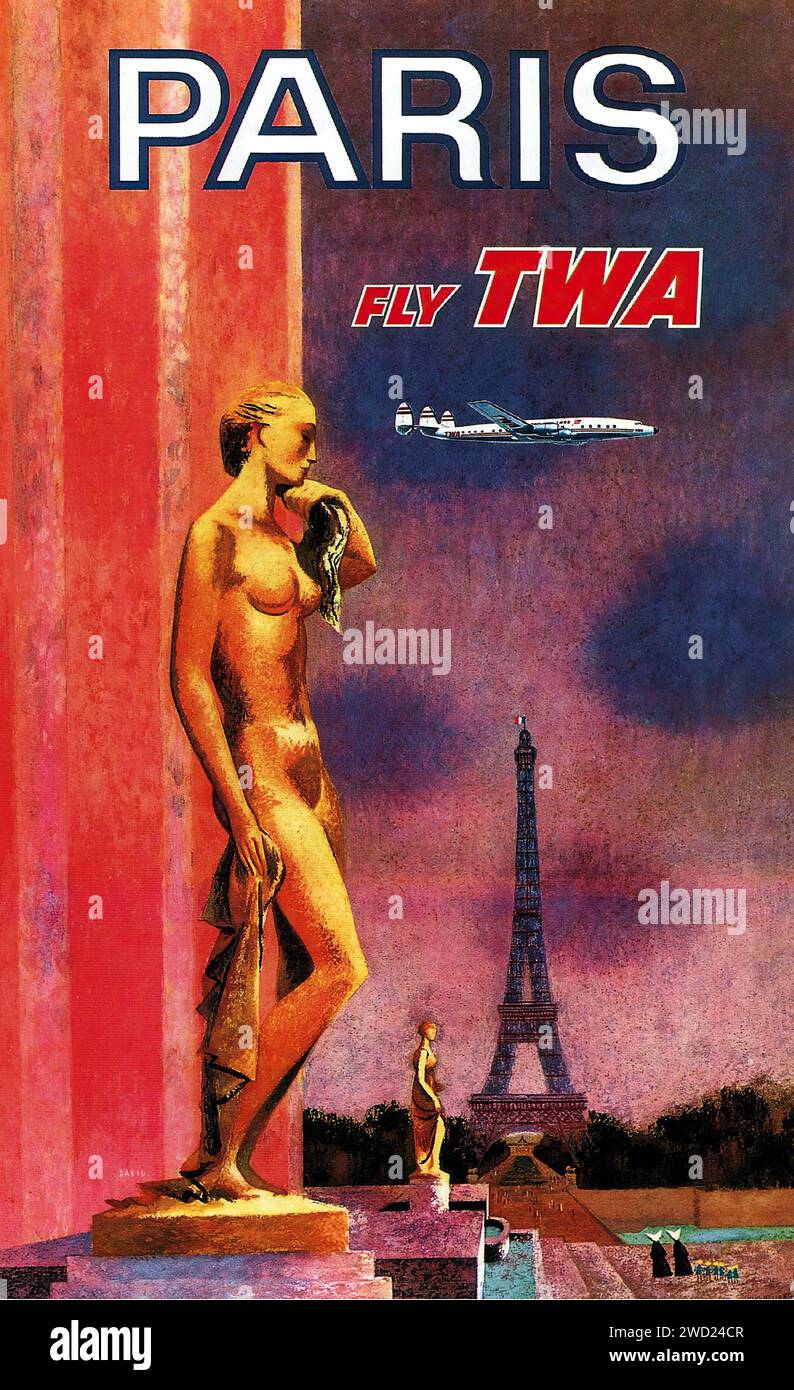 'PARIS FLY TWA' This image features the iconic Eiffel Tower in Paris with a golden statue in the foreground and an airplane flying overhead, evoking the allure of travel. The graphic style is vintage with a strong Art Deco influence, characterized by rich colors and bold, Stock Photo