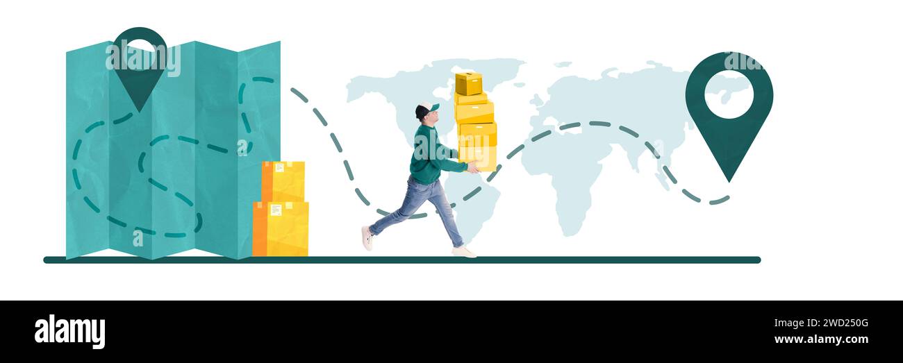 Banner. Contemporary art collage. Delivery personnel carrying parcels