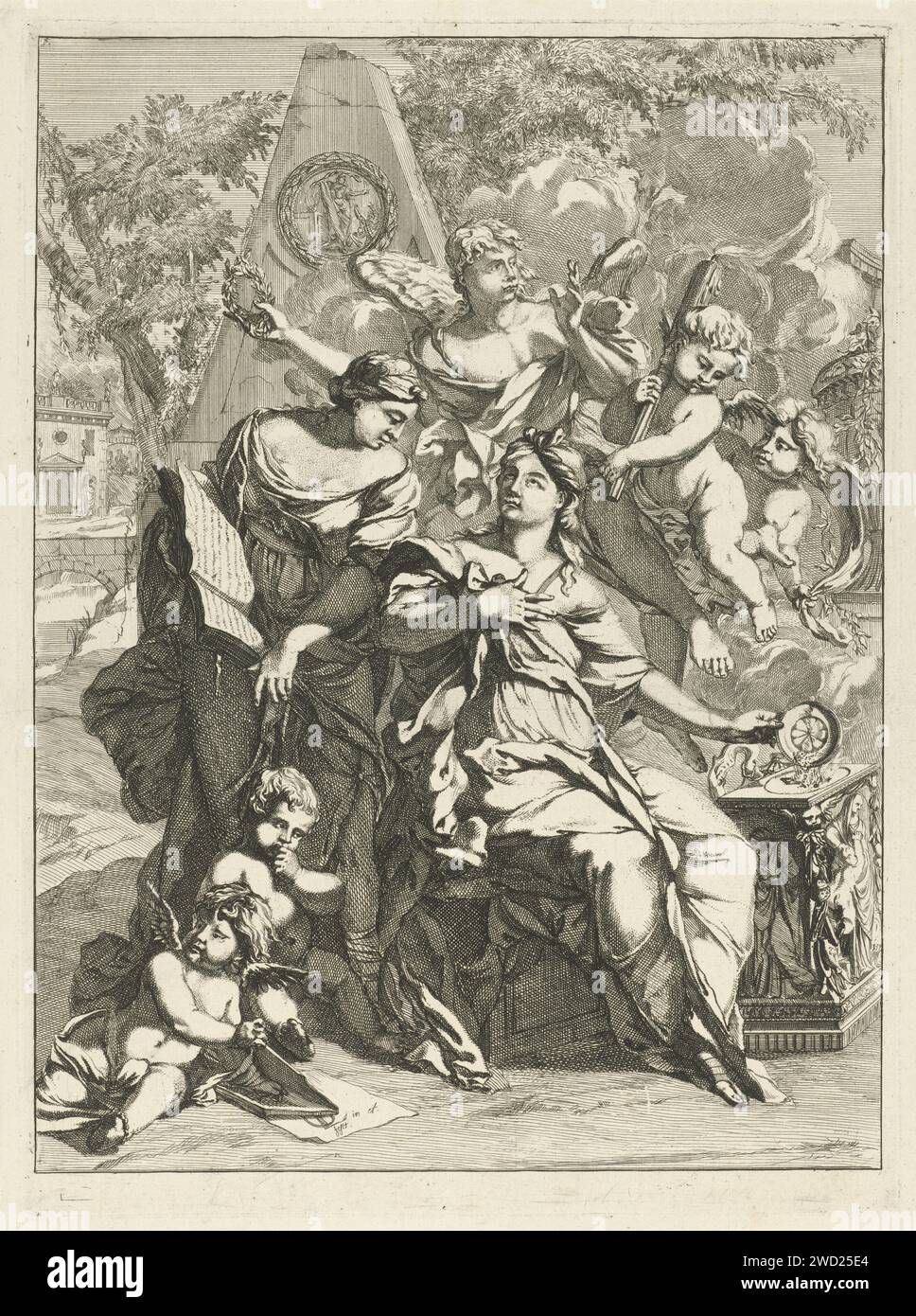 Two allegorical female figures surrounded by angels for a memorial monument, Caspar Luyken, 1691 print  Amsterdam paper etching angels. book - MM - book open. altar. pyramid (marking grave) Stock Photo