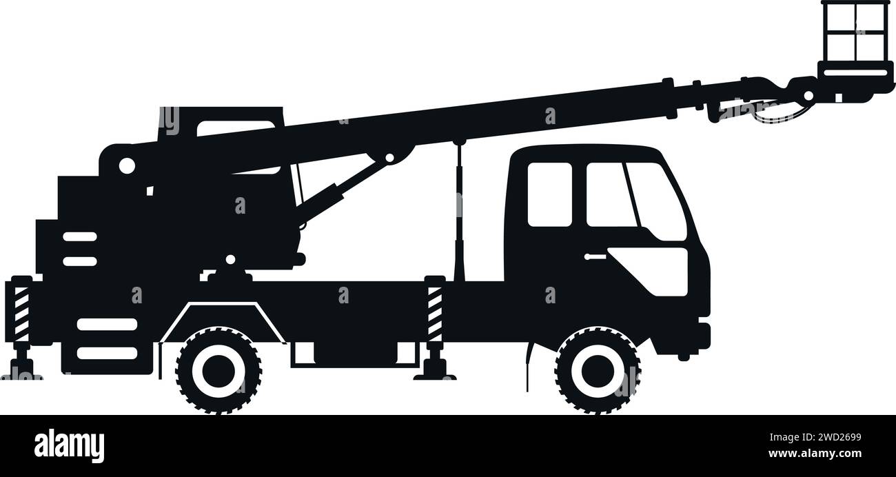 Silhouette of Aerial Work Platform Bucket Truck Icon in Flat Style. Stock Vector