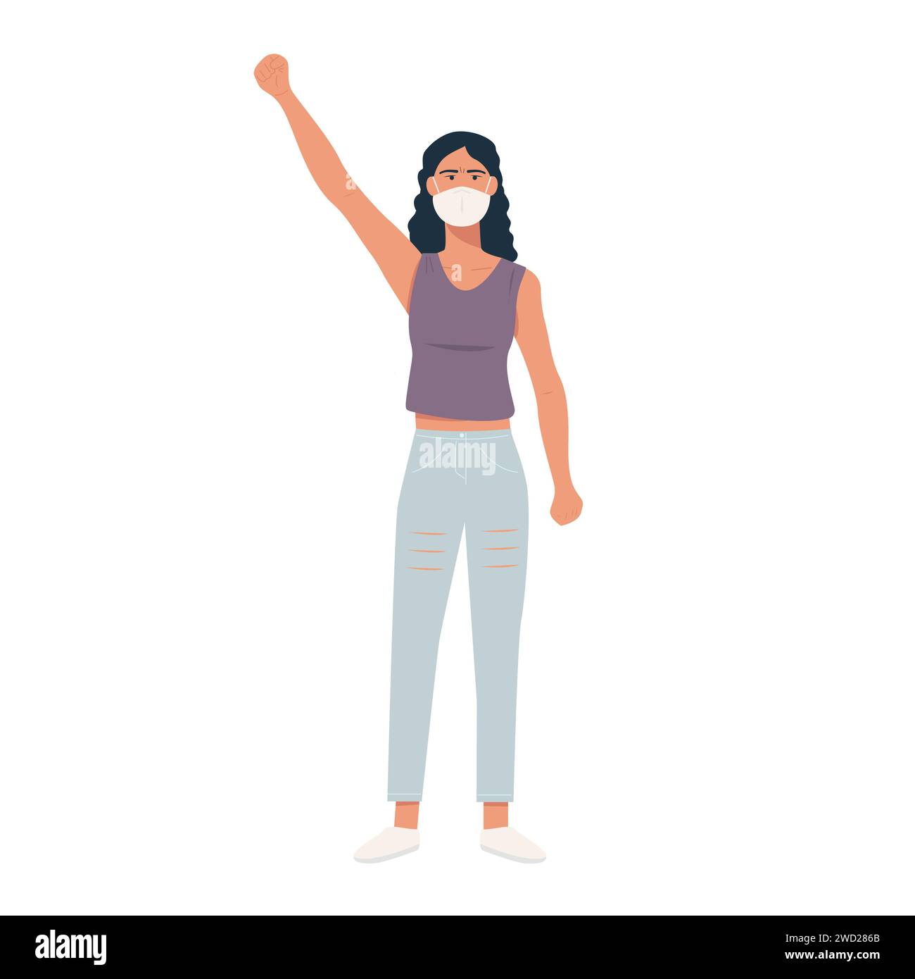 Caucasian protester, hand fist raised up. White woman protesting, fighting for human rights, rebel, manifestation. Revolution, environmental issue, cl Stock Vector