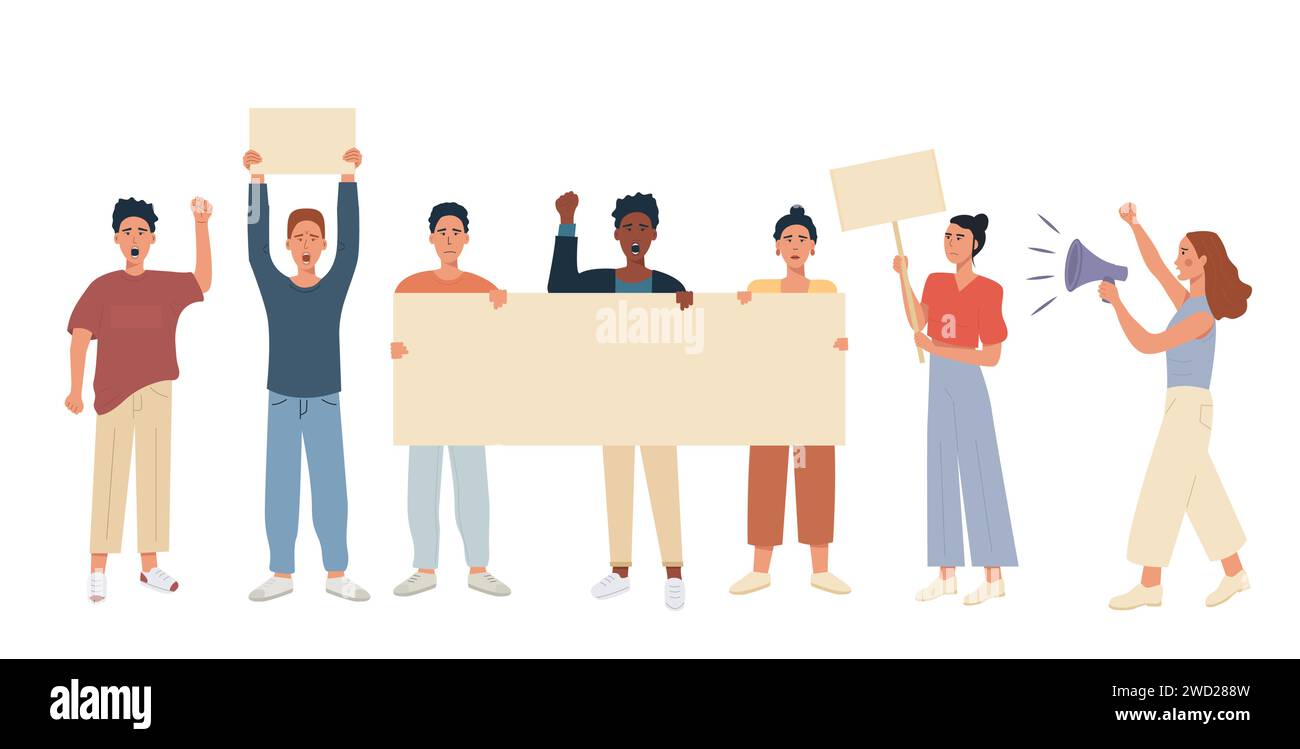 Diverse group of people protesting on the street. Male and female mix race multiethnic protesters holding blank placard banner, raised hand fist up an Stock Vector