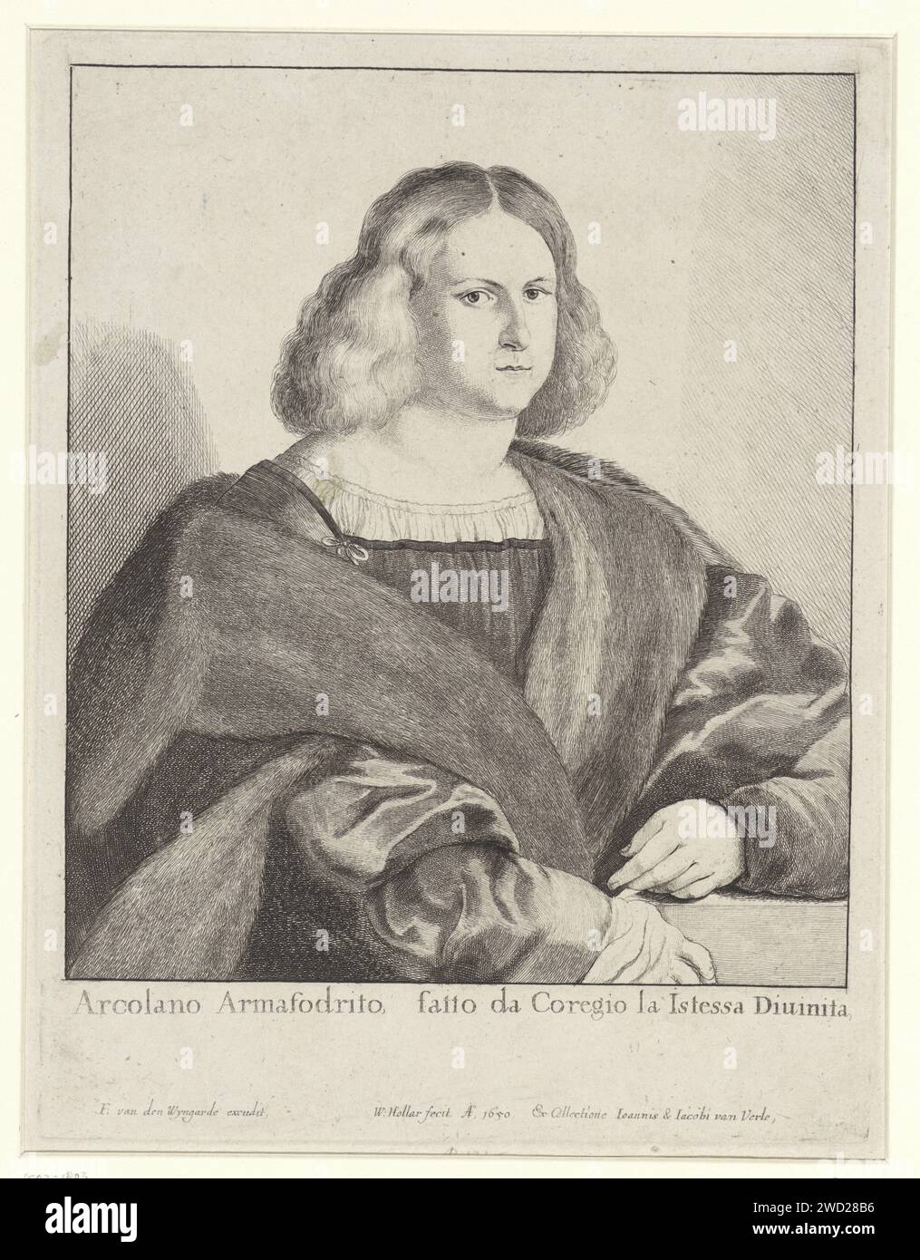Portrait of a man with medium length hair, Wenceslaus Hollar, after Jacopo Palma (Il Vecchio), After Correggio, 1649 - 1651 print  Antwerp paper etching anonymous historical person portrayed alone Stock Photo